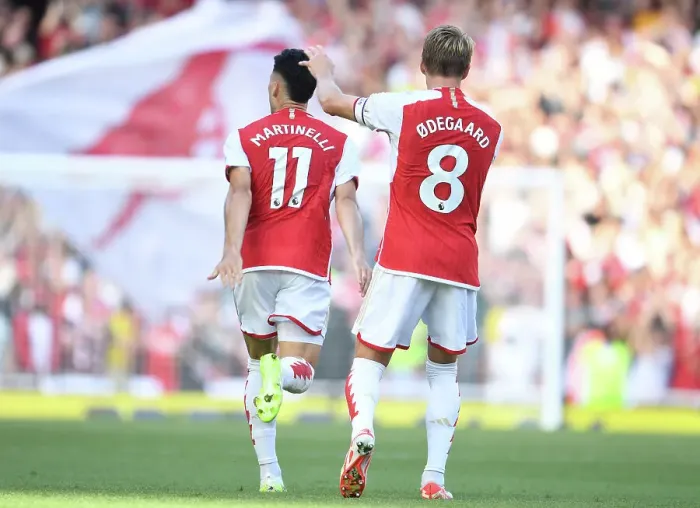 Framed Print : Martin Odegaard and Gabriel Martinelli Celebrate Arsenal's First Goal Against Manchester United (2023-24)
