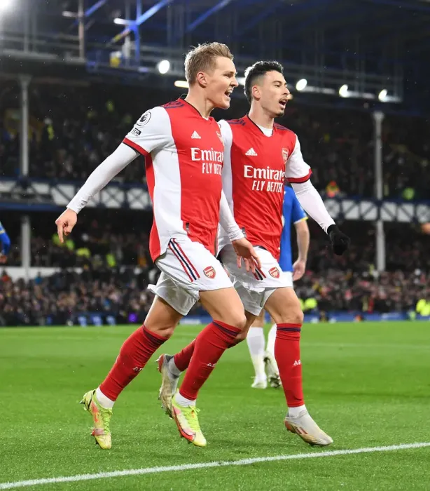 Framed Print : Martin Odegaard and Gabriel Martinelli Celebrate Goal: Everton vs Arsenal, Premier League 2020-21