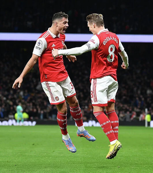 Martin Odegaard and Granit Xhaka Celebrate Arsenal's Winning Goal Against Tottenham Hotspur (2022-23)