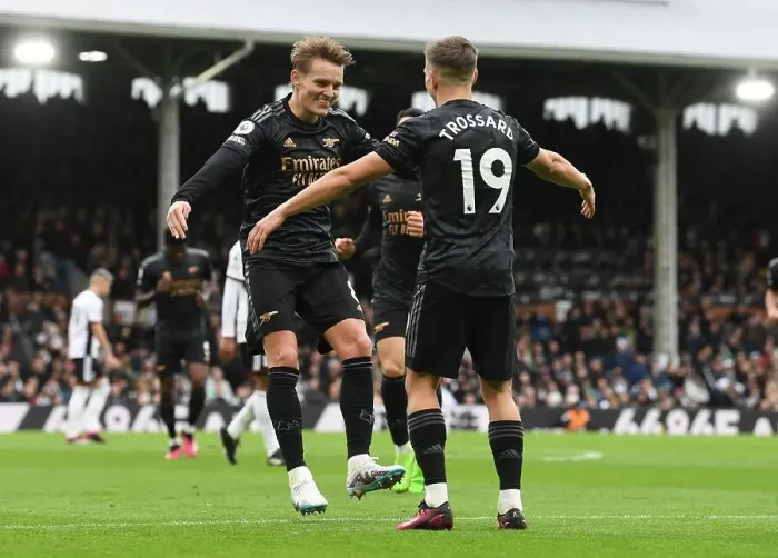 Framed Print : Martin Odegaard and Leandro Trossard: Celebrating Arsenal's Third Goal vs Fulham (2022-23) Framed Print : Martin Odegaard and Leandro Trossard: Celebrating Arsenal's Third Goal vs Fulham (2022-23)