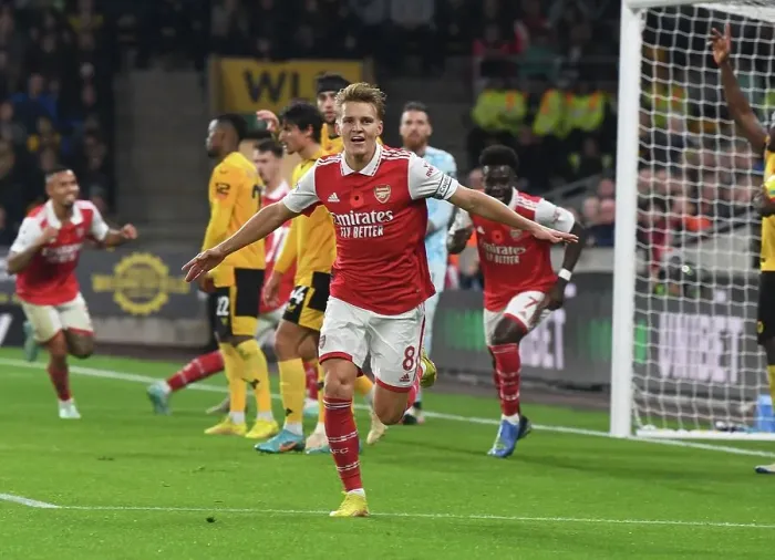 Framed Print : Martin Odegaard Scores First Arsenal Goal: Arsenal's Triumph Over Wolverhampton Wanderers in the 2022-23 Premier League