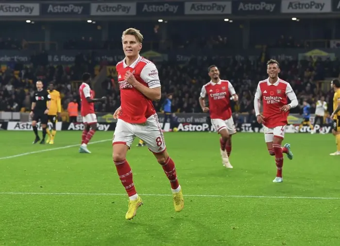 Framed Print : Martin Odegaard Scores First Arsenal Goal: Arsenal's Triumph Over Wolverhampton Wanderers in the 2022-23 Premier League