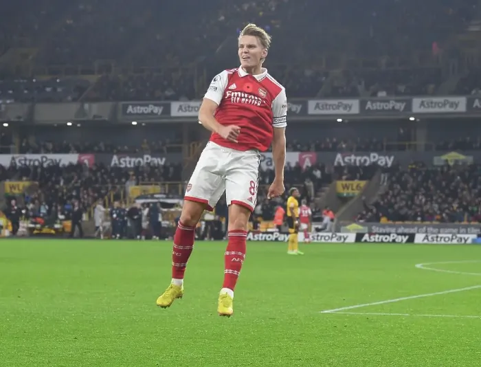 Framed Print : Martin Odegaard Scores First Goal for Arsenal: Wolverhampton Wanderers 0-1 Arsenal, Premier League 2022-23