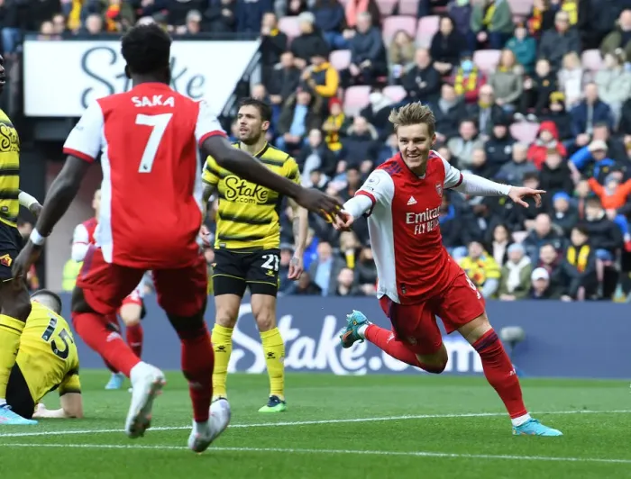 Framed Print : Martin Odegaard Scores First Goal: Watford vs Arsenal, Premier League 2021-22