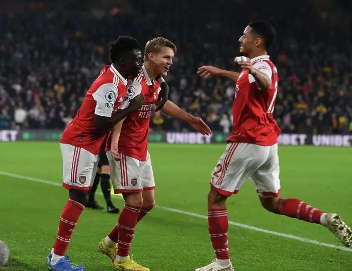Framed Print : Martin Odegaard and Team Celebrate First Goal: Wolverhampton Wanderers vs. Arsenal FC, Premier League 2022-23