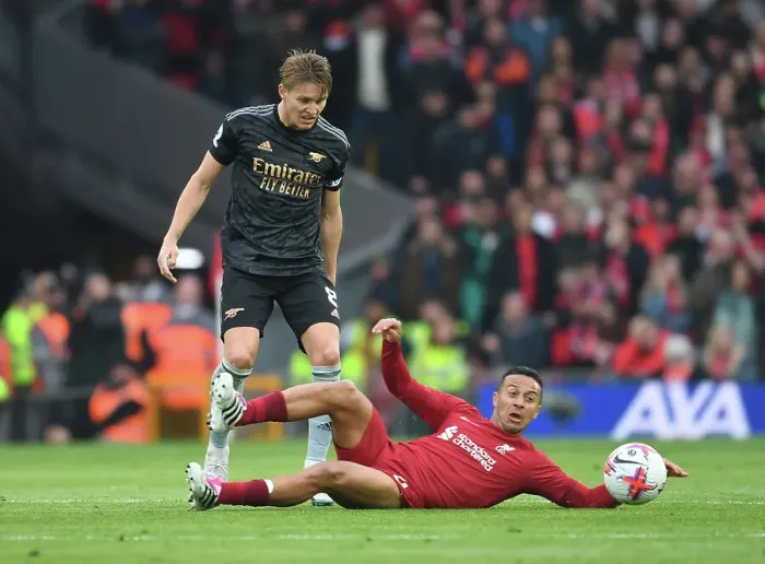 Framed Print : Martin Odegaard vs Liverpool: Premier League Showdown (2022-23)