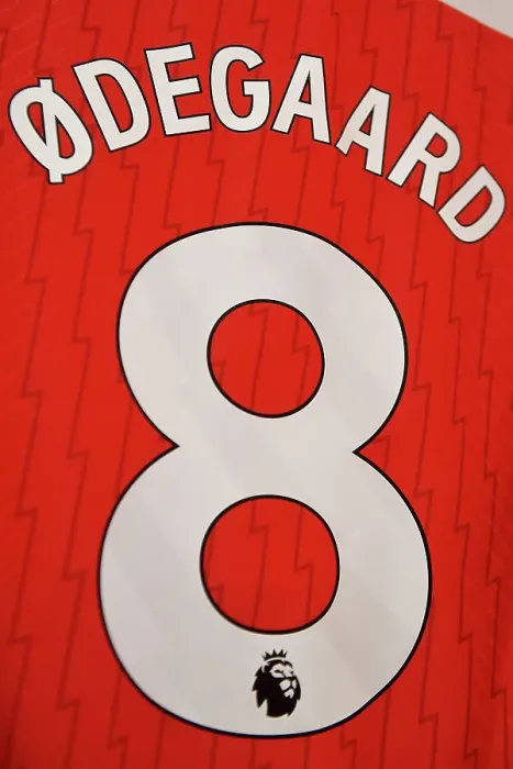 Framed Print : Martin Odegaard's Arsenal Jersey in Arsenal Dressing Room Before Arsenal vs Crystal Palace (2023-24)