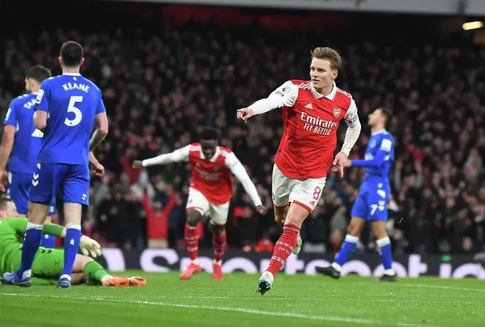 Framed Print : Martin Odegaard's Thrilling Third: Arsenal's Triumph Over Everton in the 2022-23 Premier League - The Moment Arsenal Secured Three Points