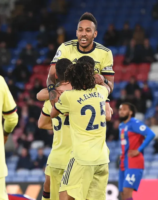 Framed Print : Martinelli, Elneny, Aubameyang: Arsenal's Celebration after Scoring against Crystal Palace (2020-21) Framed Print : Martinelli, Elneny, Aubameyang: Arsenal's Celebration after Scoring against Crystal Palace (2020-21)