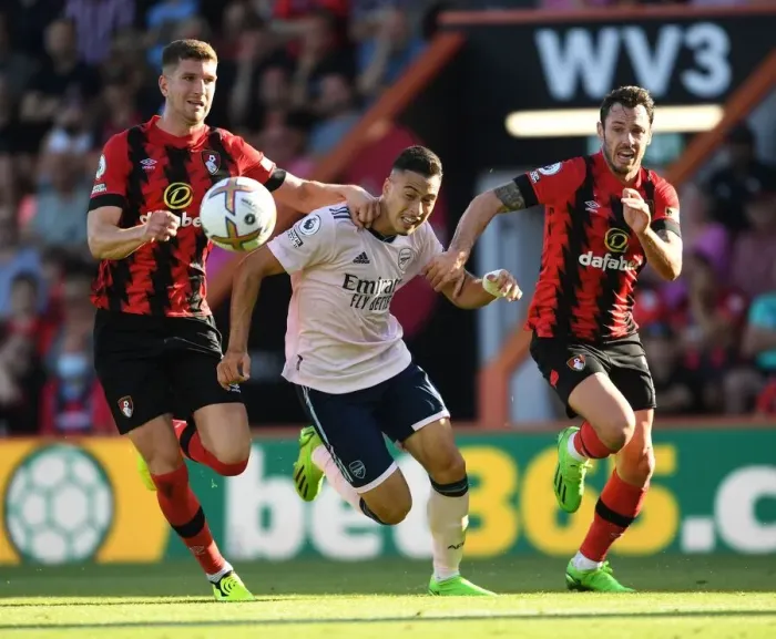 Framed Print : Martinelli Faces Off Against Mepham and Smith: AFC Bournemouth vs. Arsenal, 2022-23 Premier League
