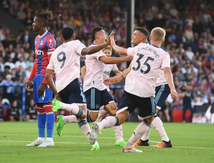 Framed Print : Martinelli, Jesus, Zinchenko, and Xhaka Celebrate Arsenal's First Goal Against Crystal Palace (2022-23) Framed Print : Martinelli, Jesus, Zinchenko, and Xhaka Celebrate Arsenal's First Goal Against Crystal Palace (2022-23)
