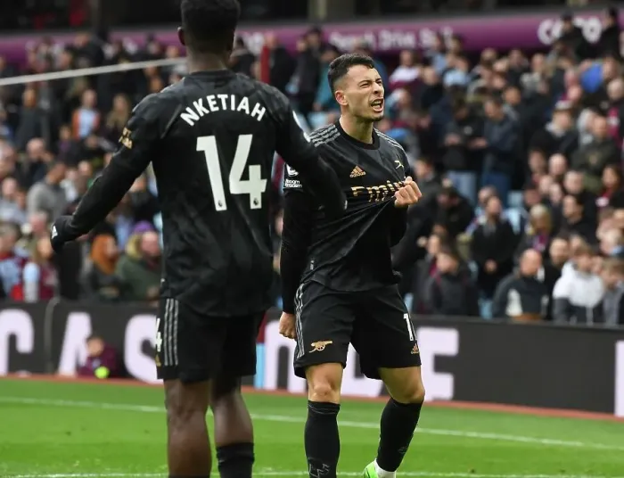 Framed Print : Martinelli and Nketiah Celebrate Arsenal's Four-Goal Lead Over Aston Villa (2022-23)