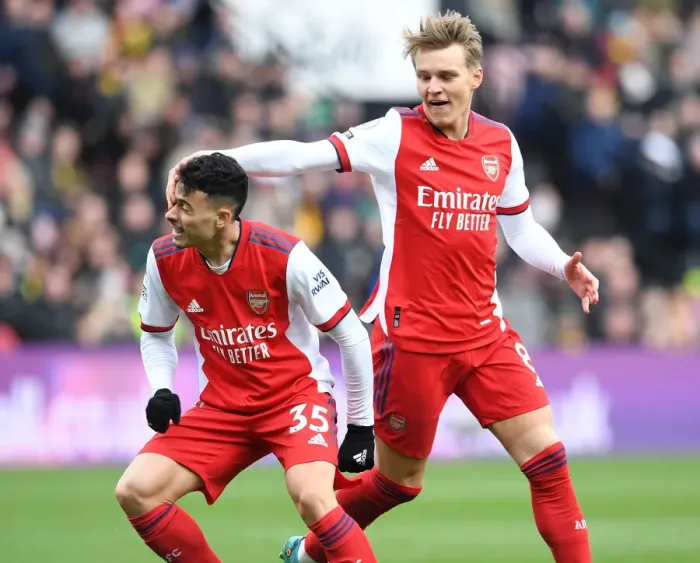 Framed Print : Martinelli and Odegaard Celebrate Arsenal's Third Goal vs. Watford (2021-22) Framed Print : Martinelli and Odegaard Celebrate Arsenal's Third Goal vs. Watford (2021-22)