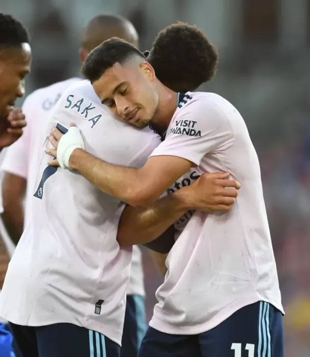 Framed Print : Martinelli and Saka Celebrate First Arsenal Goal of 2022-23 Season vs Crystal Palace