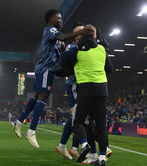 Framed Print : Martinelli, Saka, and Smith Rowe: Celebrating Arsenal's Win Against Leeds United (December 2021)
