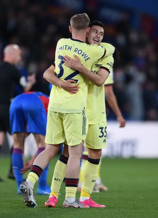 Framed Print : Martinelli and Smith Rowe's Goal Celebration: Arsenal's Winning Moment against Crystal Palace (2020-21)