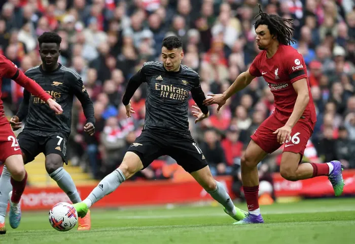 Framed Print : Martinelli Stuns Anfield: Arsenal's First Goal vs. Liverpool in 2022-23 Season