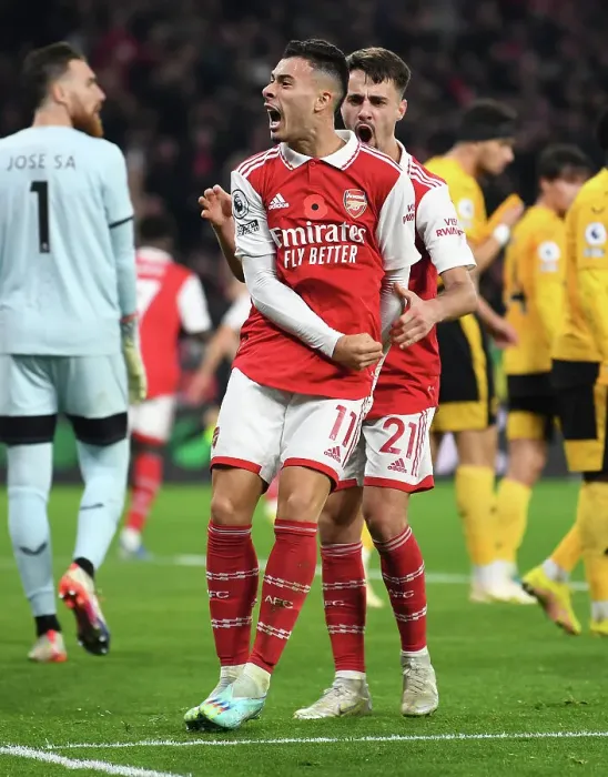 Framed Print : Martinelli and Vieira Celebrate Arsenal's First Goal Against Wolverhampton Wanderers (2022-23) Framed Print : Martinelli and Vieira Celebrate Arsenal's First Goal Against Wolverhampton Wanderers (2022-23)