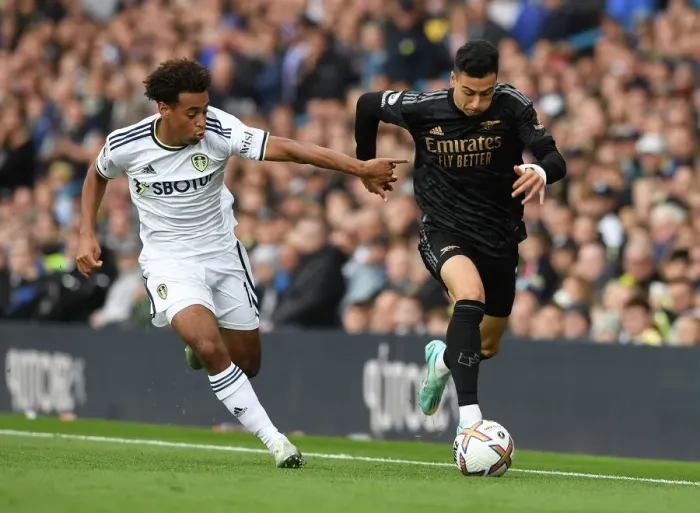 Framed Print : Martinelli vs. Adams: Leeds United vs. Arsenal FC - Premier League Showdown