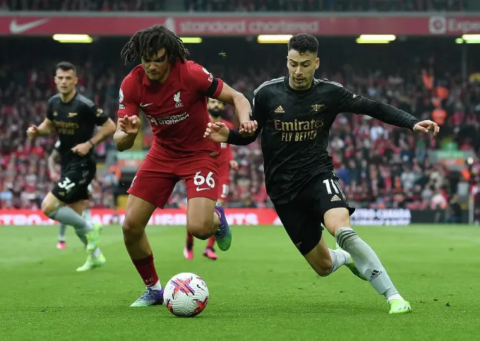 Framed Print : Martinelli vs. Alexander-Arnold: A Premier League Battle at Anfield, 2022-23