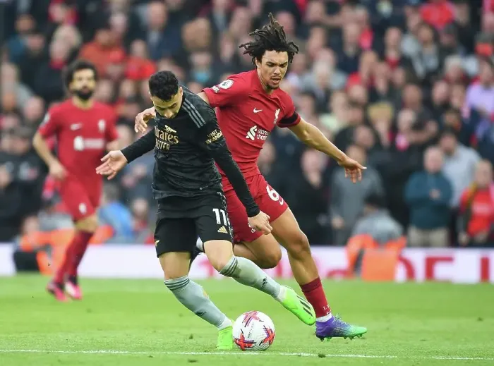 Framed Print : Martinelli vs. Alexander-Arnold: A Premier League Showdown at Anfield - 2022-23