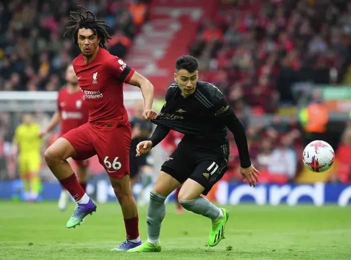 Framed Print : Martinelli vs. Alexander-Arnold: A Premier League Showdown at Anfield, 2022-23