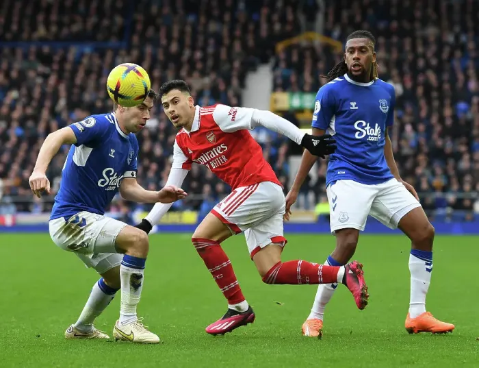Framed Print : Martinelli vs Coleman & Iwobi: Intense Battle at Goodison Park - Everton vs Arsenal, Premier League 2022-23