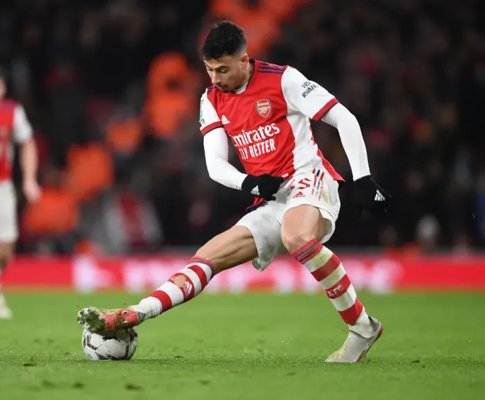 Framed Print : Martinelli vs. Liverpool: Arsenal's Star Forward in Carabao Cup Semi-Final Showdown