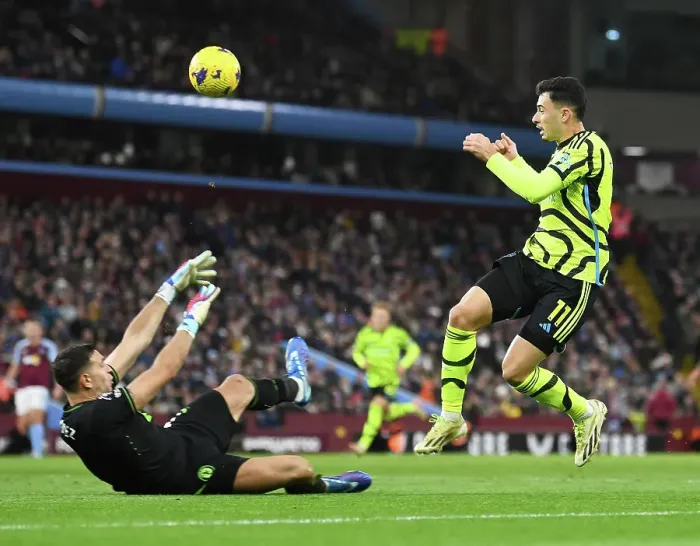 Framed Print : Martinelli vs Martinez: Intense Clash Between Aston Villa and Arsenal FC in Premier League (2023-24)