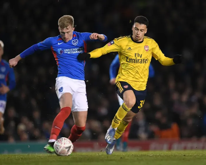Framed Print : Martinelli vs McCrorie: A FA Cup Fifth Round Showdown at Fratton Park Framed Print : Martinelli vs McCrorie: A FA Cup Fifth Round Showdown at Fratton Park
