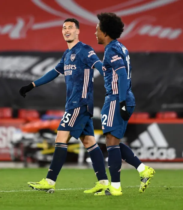 Framed Print : Martinelli and Willian Celebrate Arsenal's Second Goal Against Sheffield United (April 2021)