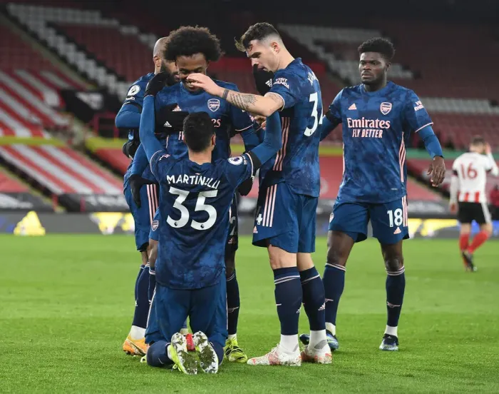 Framed Print : Martinelli, Willian, and Xhaka Celebrate Arsenal's Victory Over Sheffield United (April 2021) Framed Print : Martinelli, Willian, and Xhaka Celebrate Arsenal's Victory Over Sheffield United (April 2021)
