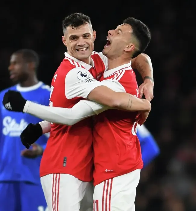 Framed Print : Martinelli and Xhaka Celebrate Arsenal's Second Goal Against Everton (2022-23) Framed Print : Martinelli and Xhaka Celebrate Arsenal's Second Goal Against Everton (2022-23)