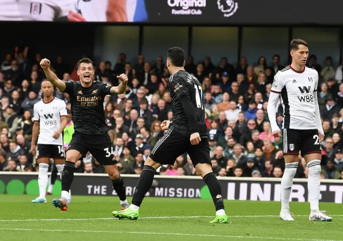 Framed Print : Martinelli and Xhaka Celebrate Arsenal's Winning Goal vs Fulham (2022-23)