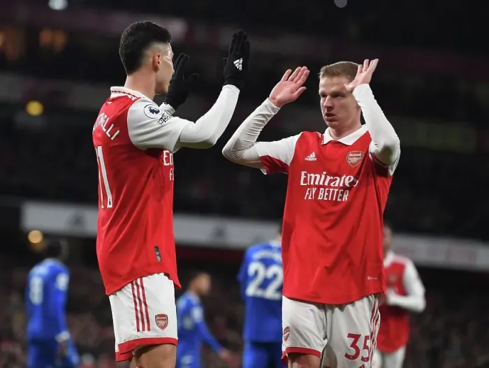 Framed Print : Martinelli and Zinchenko Celebrate Arsenal's Fourth Goal Against Everton (2022-23)