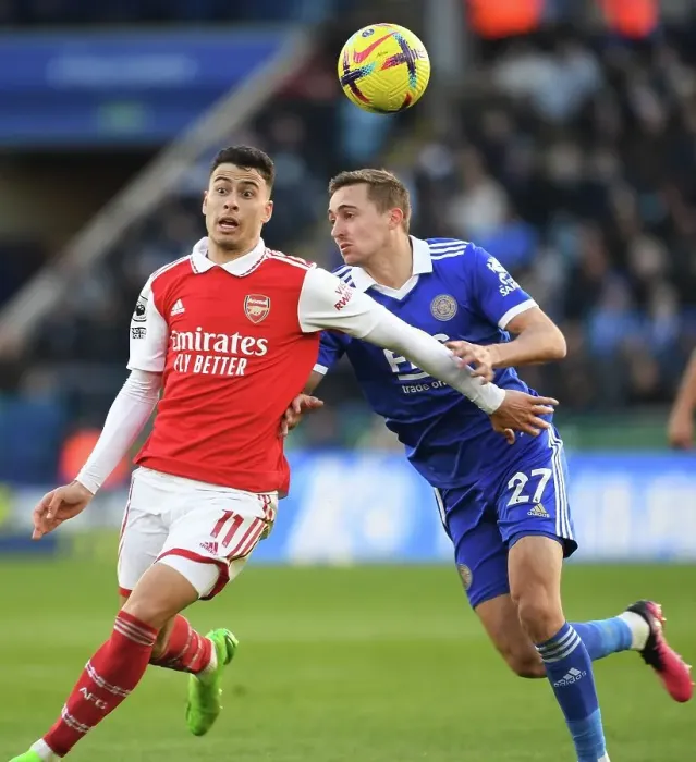 Framed Print : Martinelli's Magic: Outmaneuvering Castagne, Key Moment in Arsenal's Leicester Victory, 2022-23 Premier League