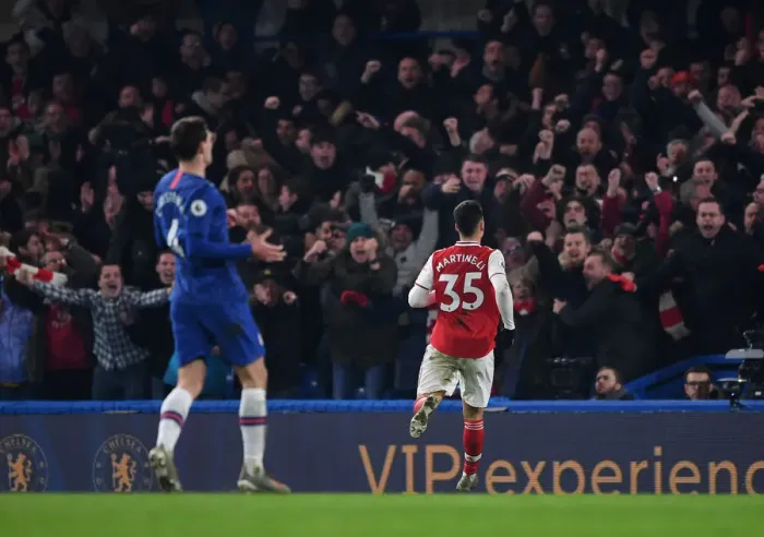 Framed Print : Martinelli's Stunner: Arsenal's Historic First Goal Against Chelsea (2019-20) - Stamford Bridge