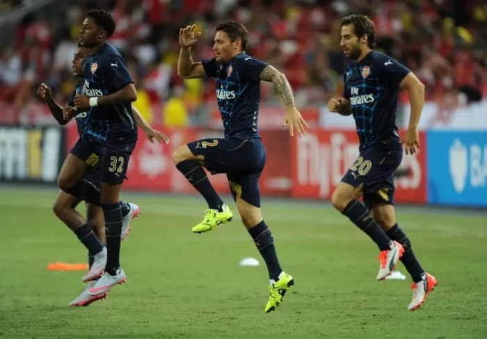 Framed Print : Mathieu Debuchy: Arsenal Star Gears Up for Arsenal v Singapore XI at the Barclays Asia Trophy