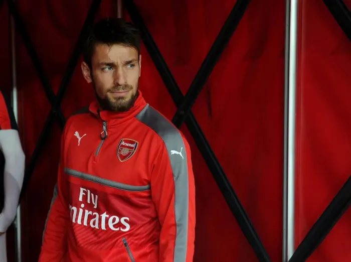 Framed Print : Mathieu Debuchy: Arsenal's Focus Ahead of Arsenal v AFC Bournemouth (2016 / 17)