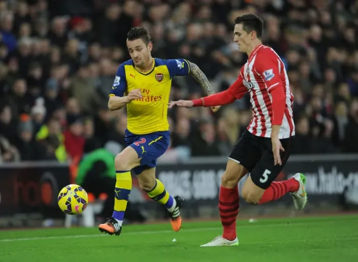 Framed Print : Mathieu Debuchy vs Florin Gardos: Clash at St. Mary's - Southampton vs Arsenal, Premier League 2014-15