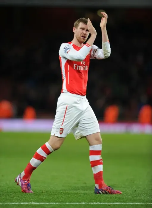 Framed Print : Per Mertesacker Celebrates with Arsenal Fans after Arsenal vs Leicester City, Premier League 2014-15