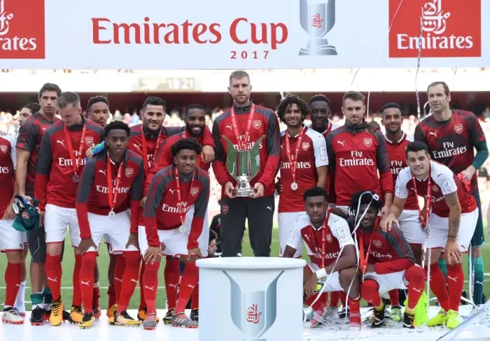 Framed Print : Per Mertesacker Celebrates Emirates Cup Victory with Arsenal