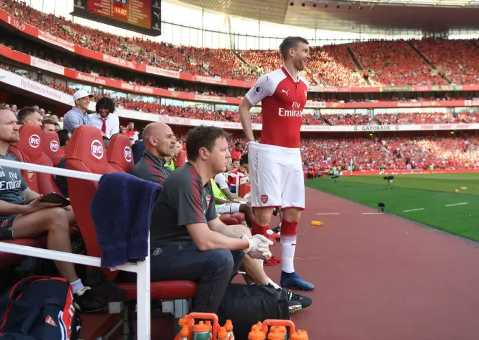 Framed Print : Per Mertesacker Focuses in Arsenal's Final Premier League Match vs Burnley (2017-18)