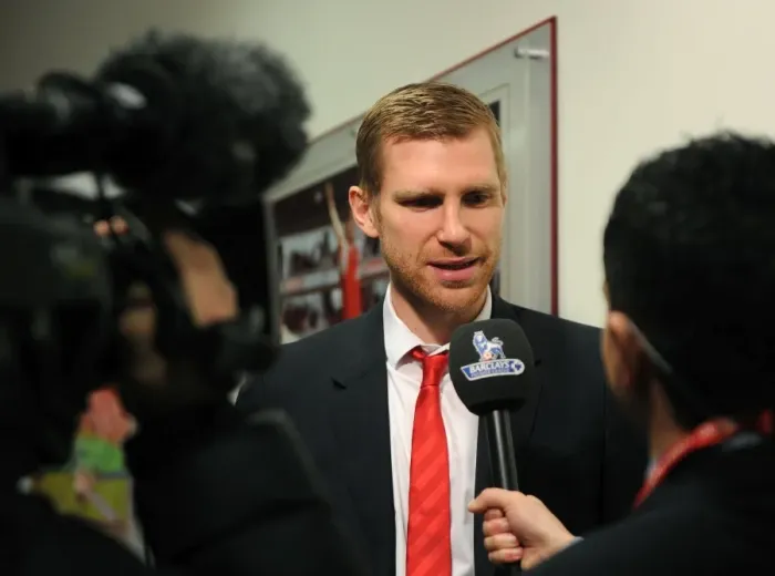 Framed Print : Per Mertesacker Pre-Match Interview: Arsenal vs Leicester City, Premier League 2014-15