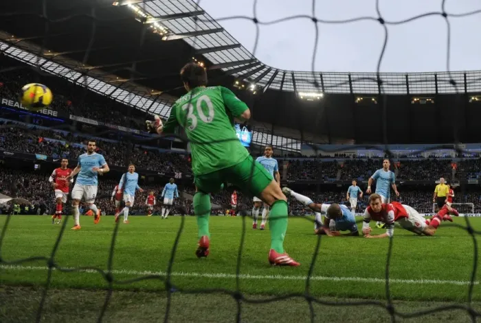 Framed Print : Per Mertesacker Scores the Third Goal: Manchester City vs. Arsenal, Premier League 2013-14
