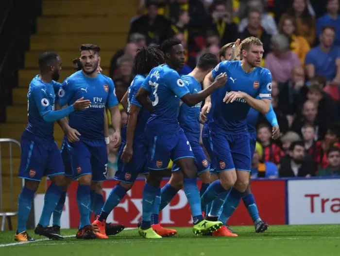Framed Print : Mertesacker and Welbeck Celebrate Goal: Watford vs. Arsenal, Premier League 2017-18 Framed Print : Mertesacker and Welbeck Celebrate Goal: Watford vs. Arsenal, Premier League 2017-18
