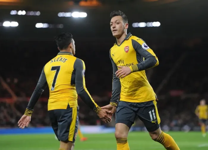Framed Print : Mesut Ozil and Alexis Sanchez: A High-Fiving Moment at Middlesbrough's Riverside Stadium (Arsenal vs Middlesbrough, 2016-17) Framed Print : Mesut Ozil and Alexis Sanchez: A High-Fiving Moment at Middlesbrough's Riverside Stadium (Arsenal vs Middlesbrough, 2016-17)