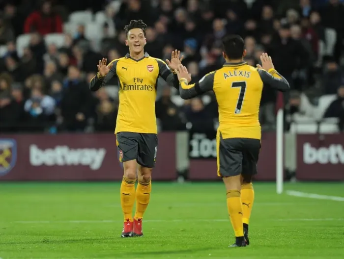 Framed Print : Mesut Ozil and Alexis Sanchez Celebrate Goal for Arsenal against West Ham United, 2016-17 Season