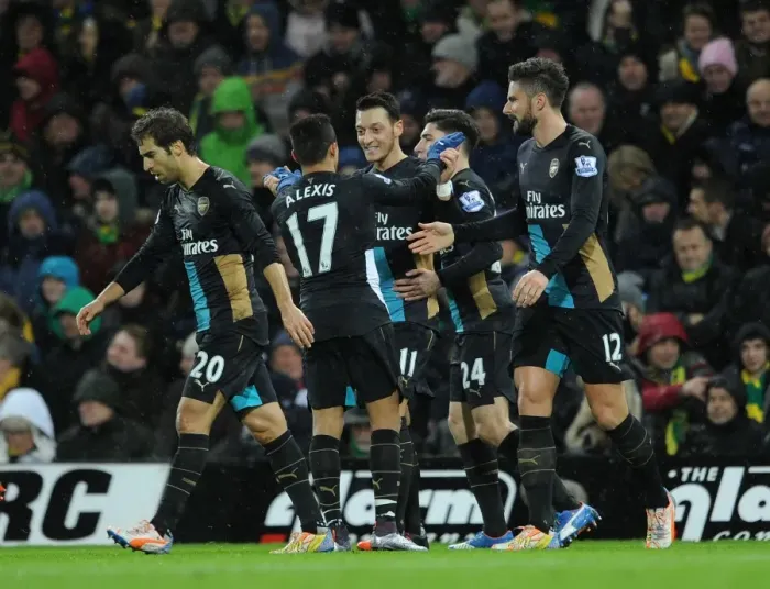 Framed Print : Mesut Ozil and Alexis Sanchez: A Dazzling Duo in Full Glory - Arsenal's Goal Celebration vs Norwich City, 2015-16