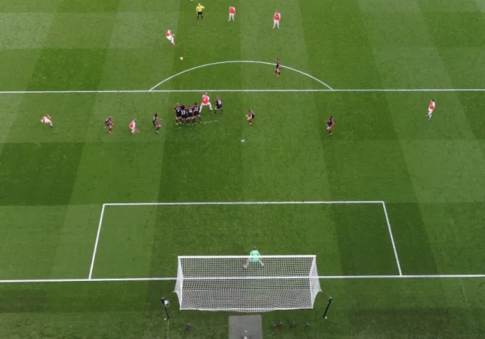 Framed Print : Mesut Ozil (Arsenal) free kick. Arsenal 3: 0 Manchester United. Barclays Premier League Framed Print : Mesut Ozil (Arsenal) free kick. Arsenal 3: 0 Manchester United. Barclays Premier League